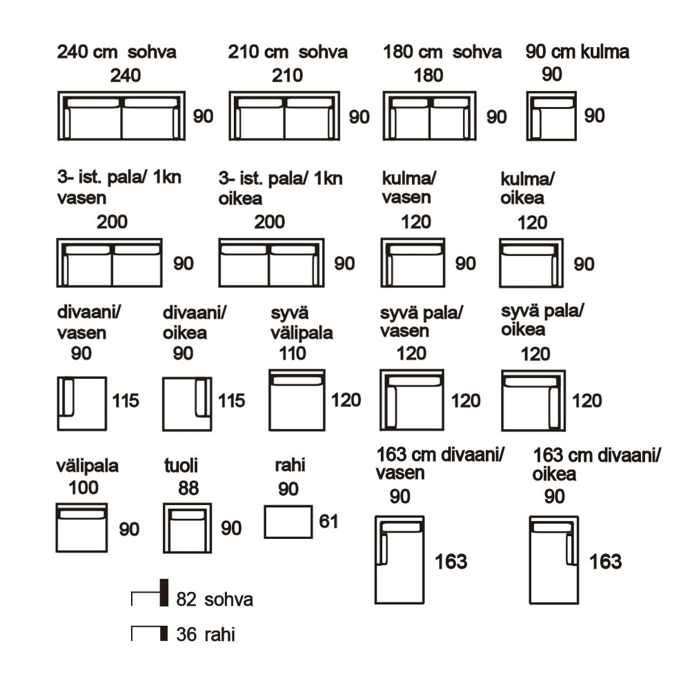 Casa-modulisohvasarjan osien mittapiirustus