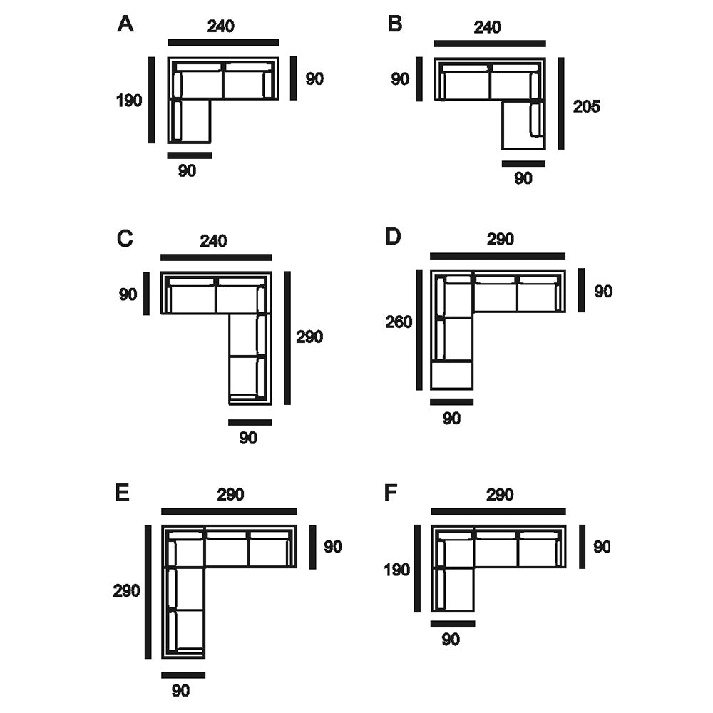 Casa-modulisohvasarjan valmiiden kokoonpanojen mittapiirustukset