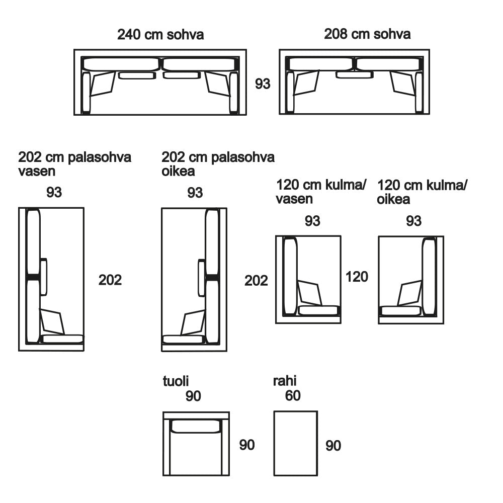 Line-modulisohvan mittapiirustus
