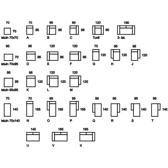 Mosaic-modulisohvan osien mittapiirustus