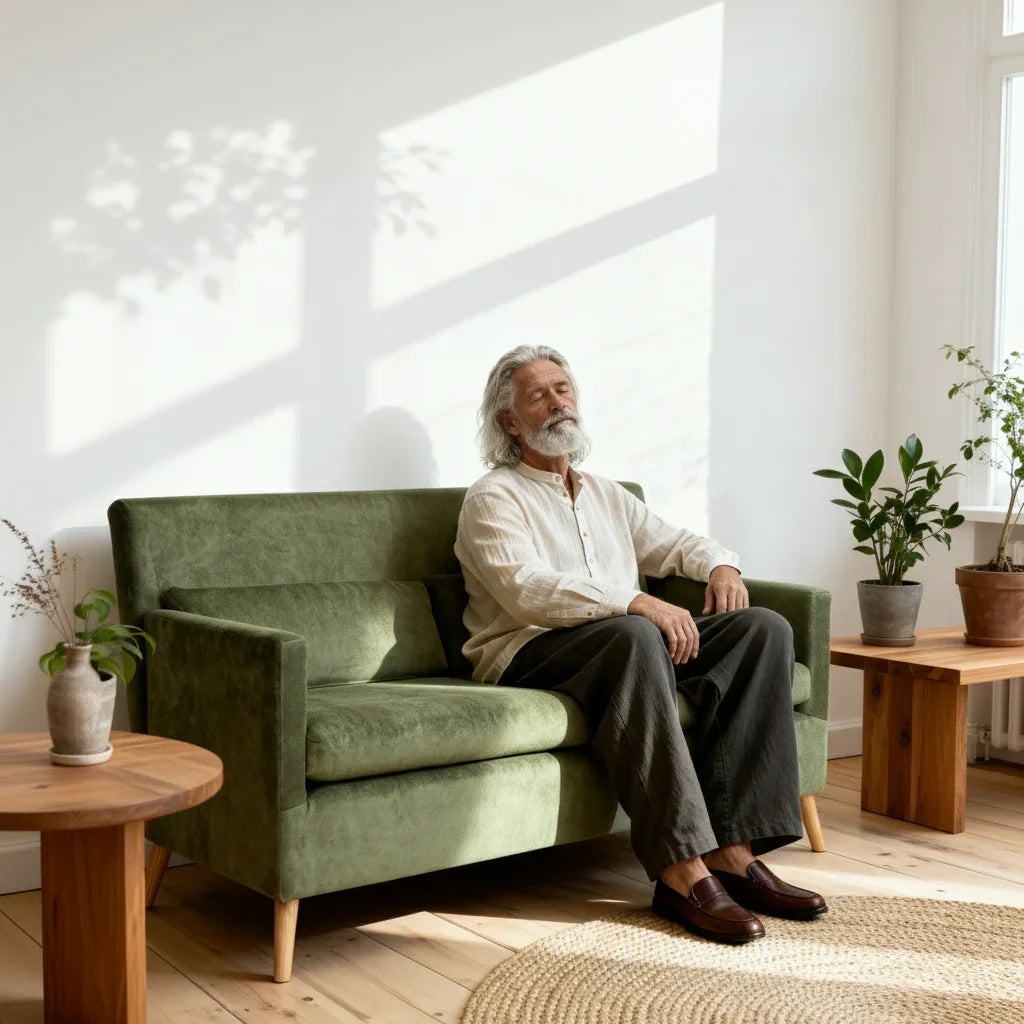 mies istumassa Aino seniori sohvalla – tukeva seniorisohva