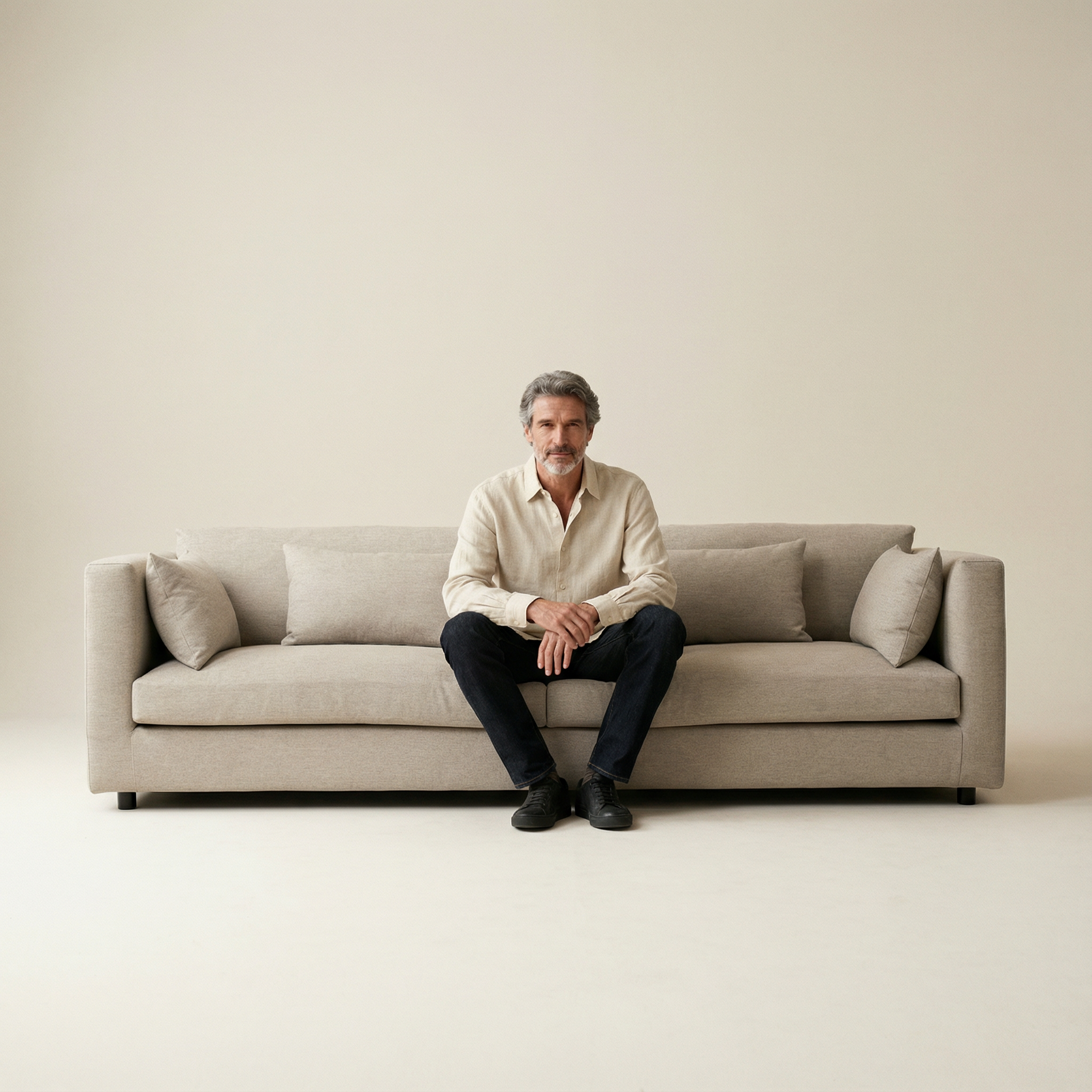 mies istuu pellavaisella, beigellä, bassa 260cm sohvalla. Vaalean beige studio tausta